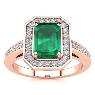 1 Carat Emerald and Halo Diamond Ring In 14 Karat Rose Gold