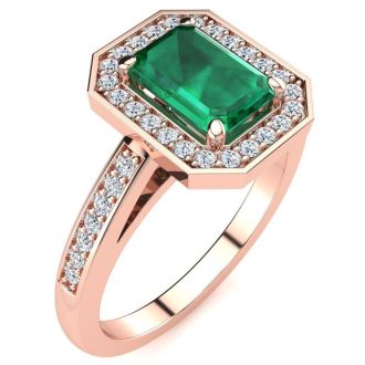 1 Carat Emerald and Halo Diamond Ring In 14 Karat Rose Gold