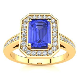 1 1/3 Carat Tanzanite and Halo Diamond Ring In 14 Karat Yellow Gold