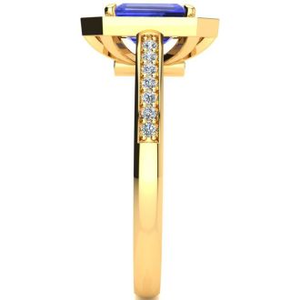 1 1/3 Carat Tanzanite and Halo Diamond Ring In 14 Karat Yellow Gold