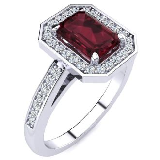 Garnet Ring: Garnet Jewelry: 1 1/2 Carat Garnet and Halo Diamond Ring In 14 Karat White Gold