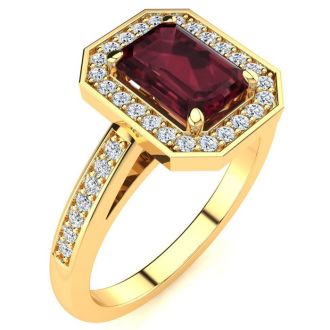 Garnet Ring: Garnet Jewelry: 1 1/2 Carat Garnet and Halo Diamond Ring In 14 Karat Yellow Gold