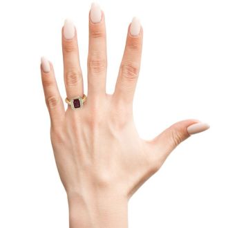 Garnet Ring: Garnet Jewelry: 1 1/2 Carat Garnet and Halo Diamond Ring In 14 Karat Yellow Gold