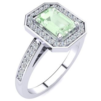 1 Carat Green Amethyst and Halo Diamond Ring In 14 Karat White Gold