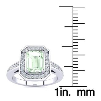 1 Carat Green Amethyst and Halo Diamond Ring In 14 Karat White Gold