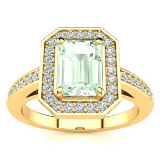 1 Carat Green Amethyst and Halo Diamond Ring In 14 Karat Yellow Gold
