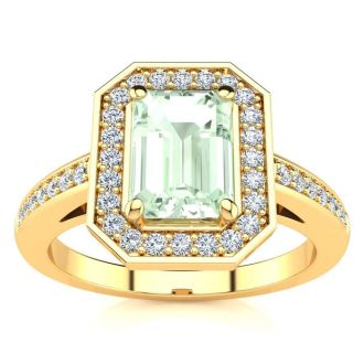1 Carat Green Amethyst and Halo Diamond Ring In 14 Karat Yellow Gold
