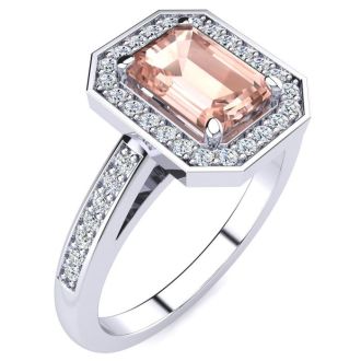 1 Carat Morganite and Halo Diamond Ring In 14 Karat White Gold