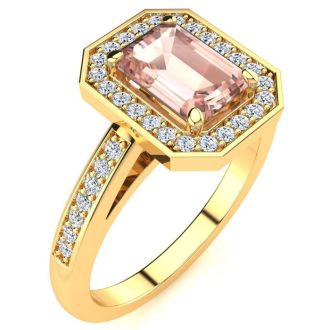 1 Carat Morganite and Halo Diamond Ring In 14 Karat Yellow Gold