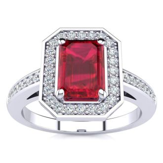 1 1/4 Carat Ruby and Halo Diamond Ring In 14 Karat White Gold
