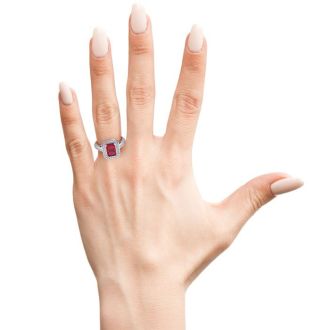 1 1/4 Carat Ruby and Halo Diamond Ring In 14 Karat White Gold