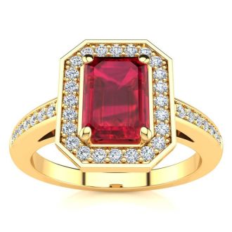 1 1/4 Carat Ruby and Halo Diamond Ring In 14 Karat Yellow Gold