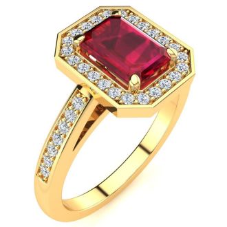 1 1/4 Carat Ruby and Halo Diamond Ring In 14 Karat Yellow Gold