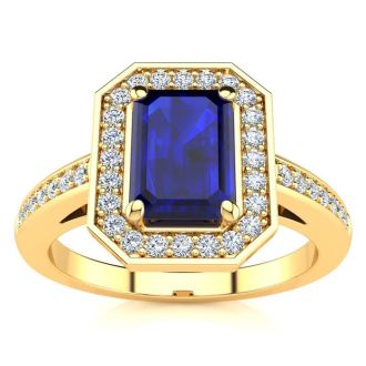 1 1/3 Carat Sapphire and Halo Diamond Ring In 14 Karat Yellow Gold