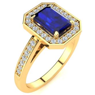 1 1/3 Carat Sapphire and Halo Diamond Ring In 14 Karat Yellow Gold