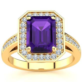 2 Carat Amethyst and Halo Diamond Ring In 14 Karat Yellow Gold