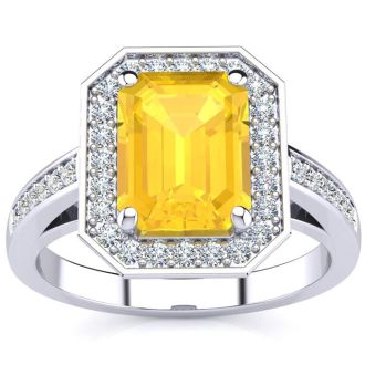 2 Carat Citrine and Halo Diamond Ring In 14 Karat White Gold