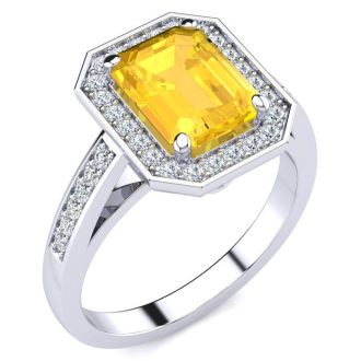 2 Carat Citrine and Halo Diamond Ring In 14 Karat White Gold