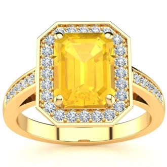 2 Carat Citrine and Halo Diamond Ring In 14 Karat Yellow Gold