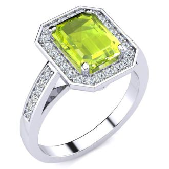 2 Carat Peridot and Halo Diamond Ring In 14 Karat White Gold