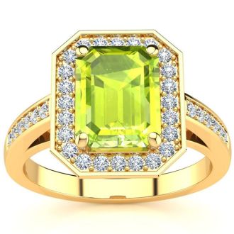 2 Carat Peridot and Halo Diamond Ring In 14 Karat Yellow Gold