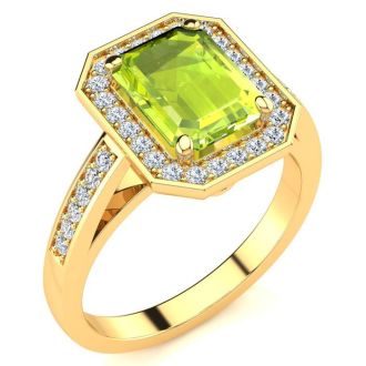 2 Carat Peridot and Halo Diamond Ring In 14 Karat Yellow Gold