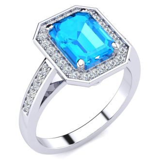 2 1/4 Carat Blue Topaz and Halo Diamond Ring In 14 Karat White Gold