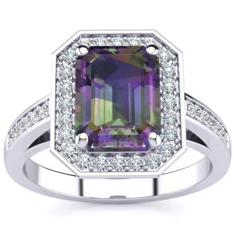 2 Carat Octagon Shape Mystic Topaz Ring With Diamond Halo In 14 Karat White Gold