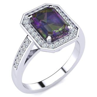 2 Carat Octagon Shape Mystic Topaz Ring With Diamond Halo In 14 Karat White Gold