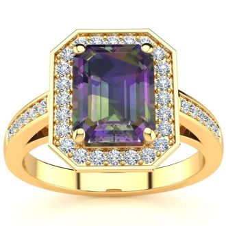 2 Carat Octagon Shape Mystic Topaz Ring With Diamond Halo In 14 Karat Yellow Gold
