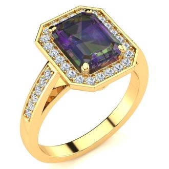 2 Carat Octagon Shape Mystic Topaz Ring With Diamond Halo In 14 Karat Yellow Gold