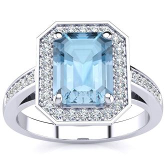 Aquamarine Ring: Aquamarine Jewelry: 1 3/4 Carat Aquamarine and Halo Diamond Ring In 14 Karat White Gold