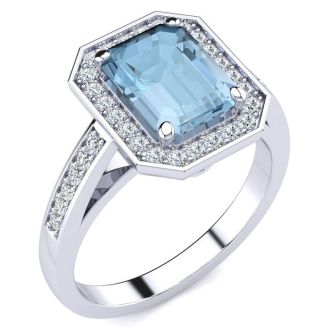Aquamarine Ring: Aquamarine Jewelry: 1 3/4 Carat Aquamarine and Halo Diamond Ring In 14 Karat White Gold