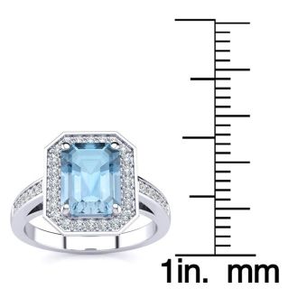 Aquamarine Ring: Aquamarine Jewelry: 1 3/4 Carat Aquamarine and Halo Diamond Ring In 14 Karat White Gold