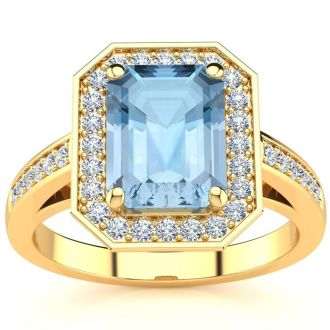 Aquamarine Ring: Aquamarine Jewelry: 1 3/4 Carat Aquamarine and Halo Diamond Ring In 14 Karat Yellow Gold