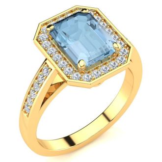 Aquamarine Ring: Aquamarine Jewelry: 1 3/4 Carat Aquamarine and Halo Diamond Ring In 14 Karat Yellow Gold