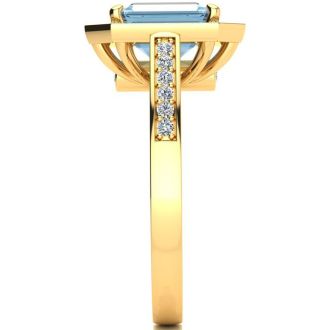 Aquamarine Ring: Aquamarine Jewelry: 1 3/4 Carat Aquamarine and Halo Diamond Ring In 14 Karat Yellow Gold