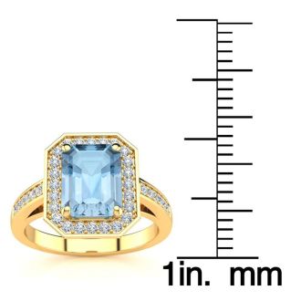 Aquamarine Ring: Aquamarine Jewelry: 1 3/4 Carat Aquamarine and Halo Diamond Ring In 14 Karat Yellow Gold