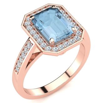 Aquamarine Ring: Aquamarine Jewelry: 1 3/4 Carat Aquamarine and Halo Diamond Ring In 14 Karat Rose Gold