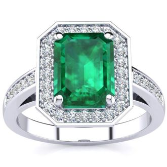 1 3/4 Carat Emerald and Halo Diamond Ring In 14 Karat White Gold