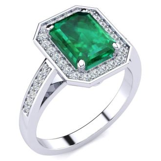 1 3/4 Carat Emerald and Halo Diamond Ring In 14 Karat White Gold