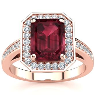 Garnet Ring: Garnet Jewelry: 2 1/4 Carat Garnet and Halo Diamond Ring In 14 Karat Rose Gold
