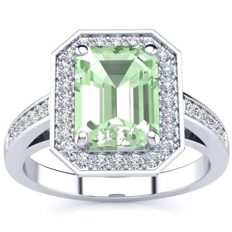 2 Carat Green Amethyst and Halo Diamond Ring In 14 Karat White Gold