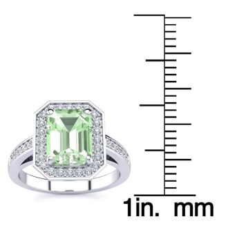 2 Carat Green Amethyst and Halo Diamond Ring In 14 Karat White Gold