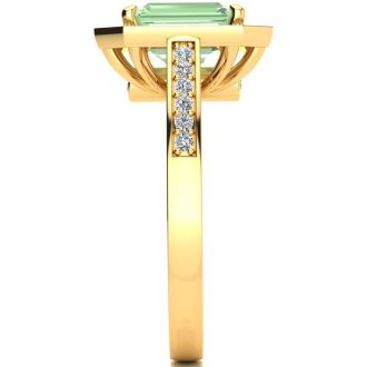 2 Carat Green Amethyst and Halo Diamond Ring In 14 Karat Yellow Gold