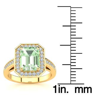 2 Carat Green Amethyst and Halo Diamond Ring In 14 Karat Yellow Gold