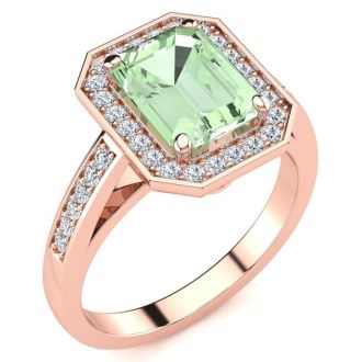 2 Carat Green Amethyst and Halo Diamond Ring In 14 Karat Rose Gold