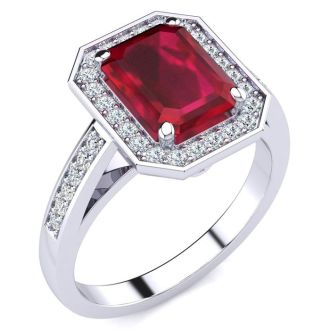 2 1/2 Carat Ruby and Halo Diamond Ring In 14 Karat White Gold