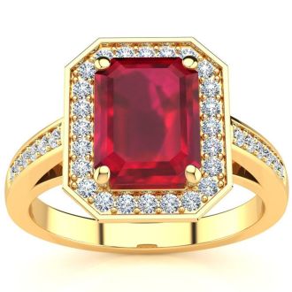 2 1/2 Carat Ruby and Halo Diamond Ring In 14 Karat Yellow Gold