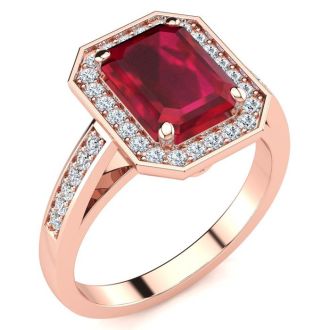 2 1/2 Carat Ruby and Halo Diamond Ring In 14 Karat Rose Gold